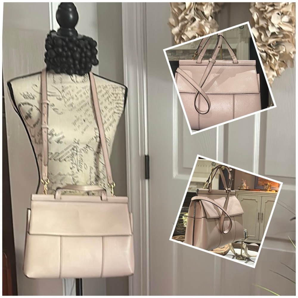 Authentic Tory Burch Block T Leather Top Handle Crossbody Bag, Soft Pink/Praline